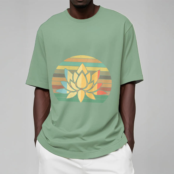 Camiseta de algodón con estampado de flor de loto y fondo a rayas retro informal con Buddha Stones - image 16