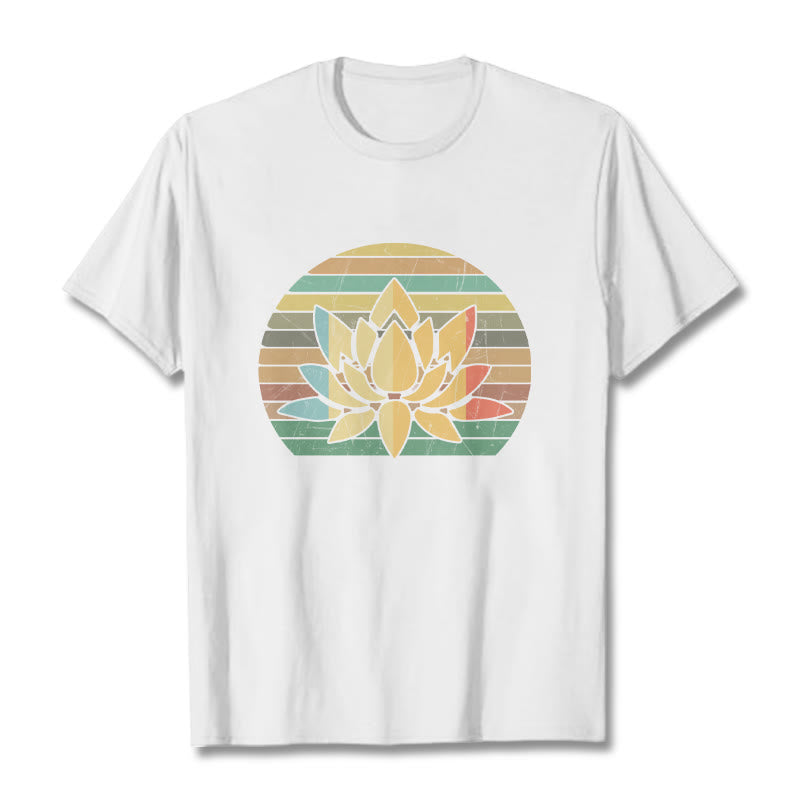 Camiseta de algodón con estampado de flor de loto y fondo a rayas retro informal con Buddha Stones - Blanco - 2XL - image 6