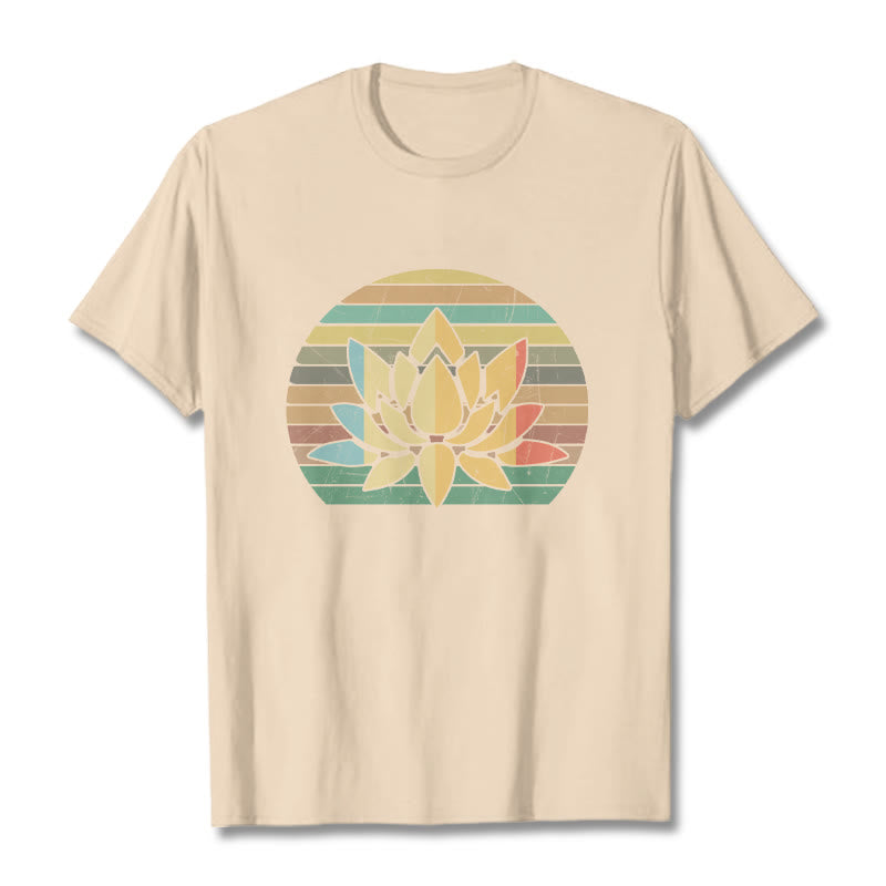 Camiseta de algodón con estampado de flor de loto y fondo a rayas retro informal con Buddha Stones - Sopa de mariscos - 2XL - image 9