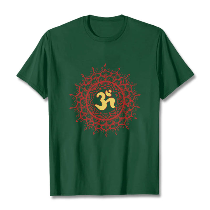 Camiseta informal de algodón con estampado de símbolo Om y mandala rojo de Buddha Stones - Verde bosque - 2XL - image 10
