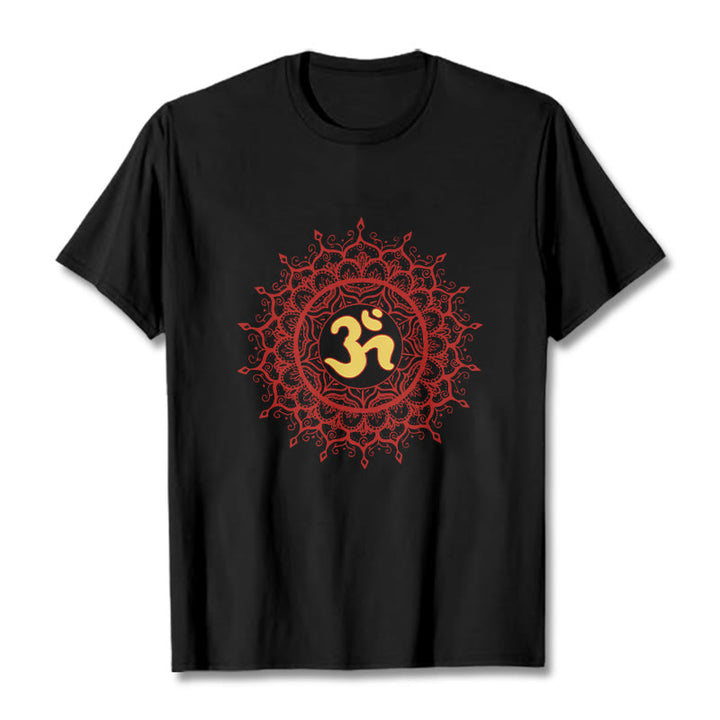 Camiseta informal de algodón con estampado de símbolo Om y mandala rojo de Buddha Stones - Negro - 2XL - image 0
