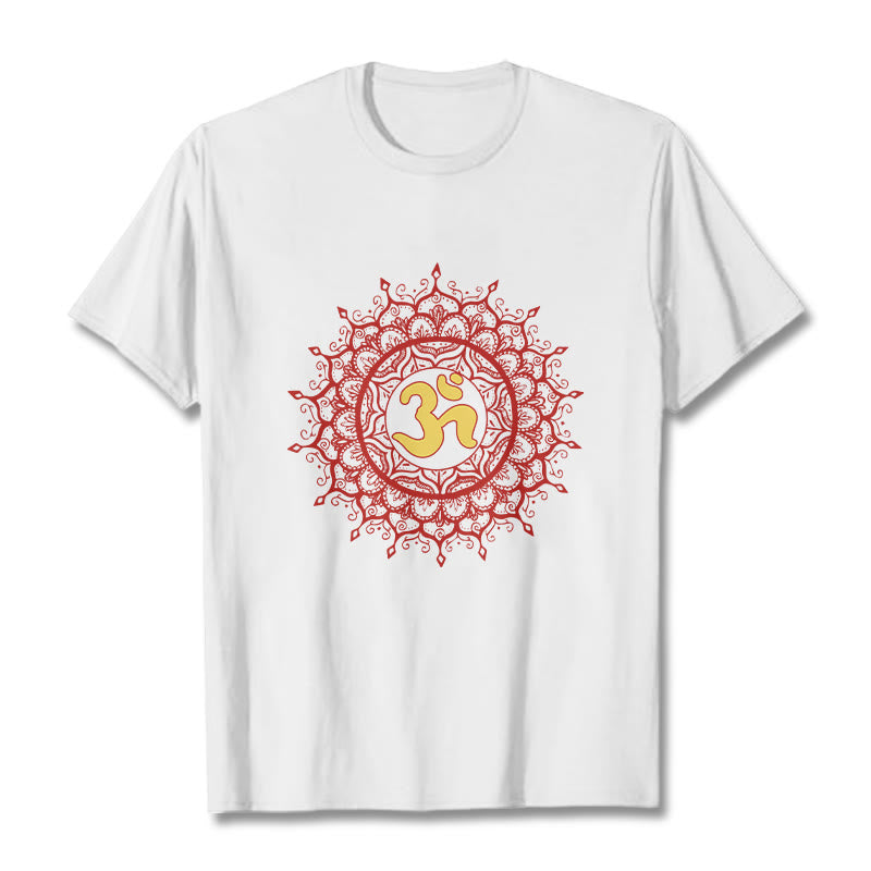 Camiseta informal de algodón con estampado de símbolo Om y mandala rojo de Buddha Stones - Blanco - 2XL - image 5