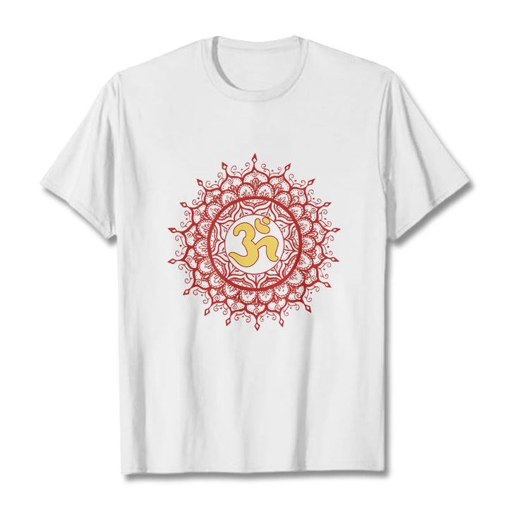 Camiseta informal de algodón con estampado de símbolo Om y mandala rojo de Buddha Stones - Blanco - 2XL - image 5