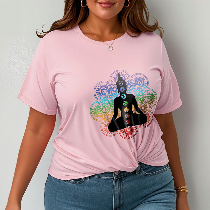 Camiseta de algodón con estampado de mandala colorido y figura meditativa de Buddha Stones - image 14