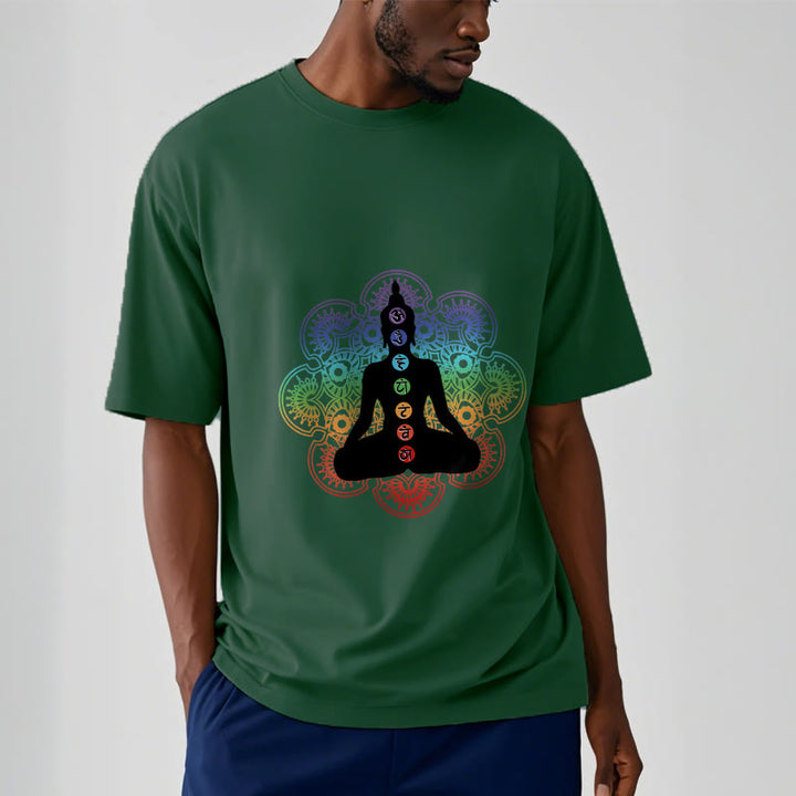 Camiseta de algodón con estampado de mandala colorido y figura meditativa de Buddha Stones - image 12
