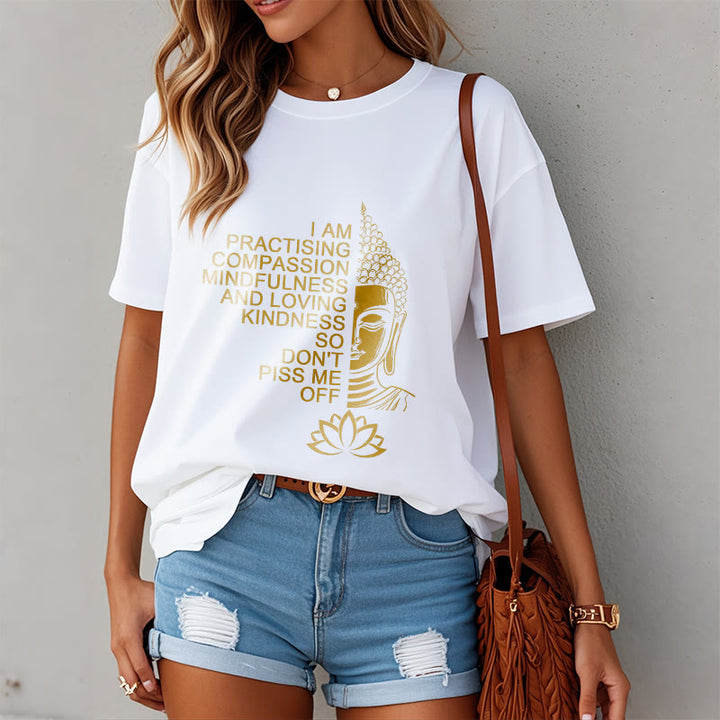 Camiseta informal de algodón con estampado de flor de loto y Buda con Buddha Stones de Buda y lado dorado - image 3