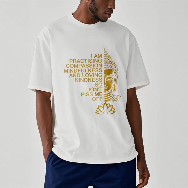Camiseta informal de algodón con estampado de flor de loto y Buda con Buddha Stones de Buda y lado dorado - image 2