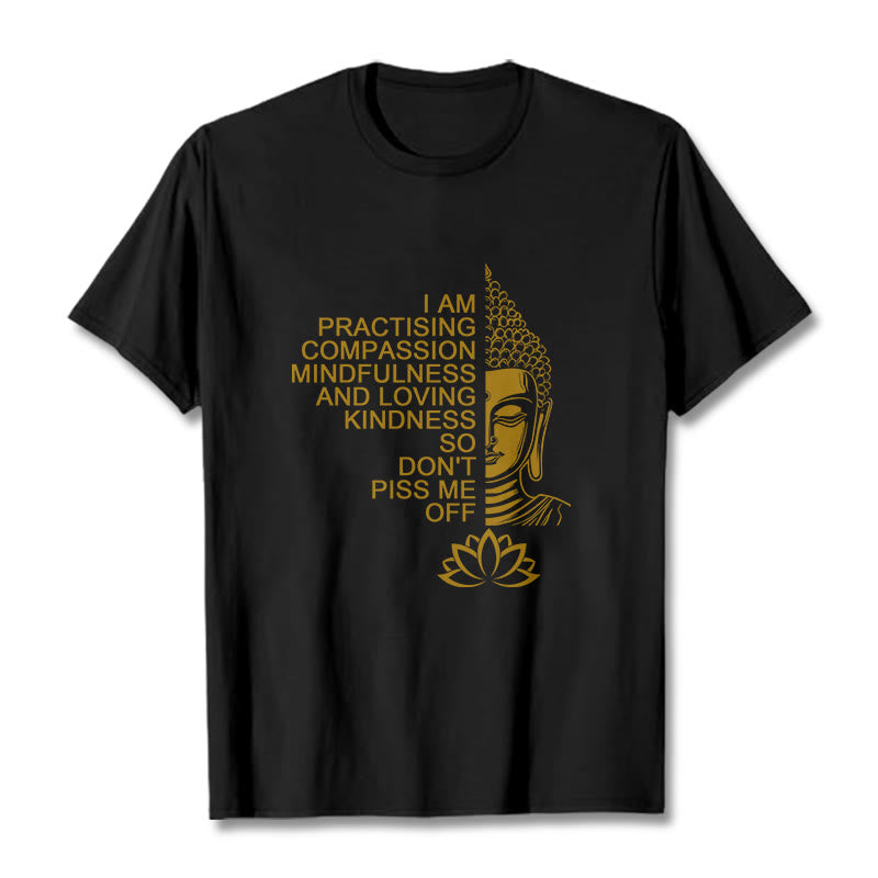 Camiseta informal de algodón con estampado de flor de loto y Buda con Buddha Stones de Buda y lado dorado - Negro - 2XL - image 5