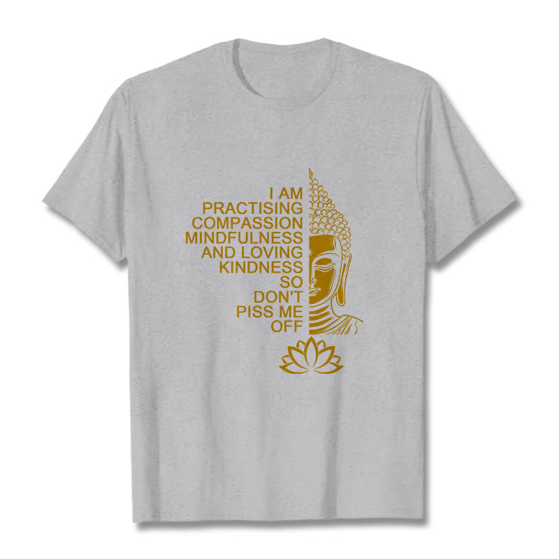 Camiseta informal de algodón con estampado de flor de loto y Buda con Buddha Stones de Buda y lado dorado - Gris claro - 2XL - image 20
