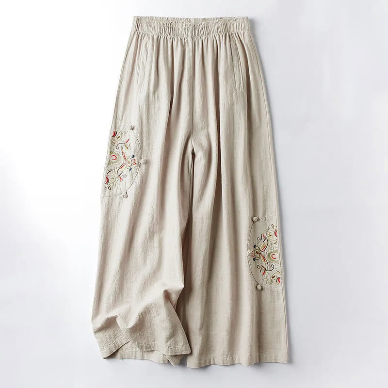 Pantalones anchos de algodón con bordado étnico de primavera y Buddha Stones para mujer con bolsillos - Lino - US12, UK/AU16, EU44 (4XL) - image 1