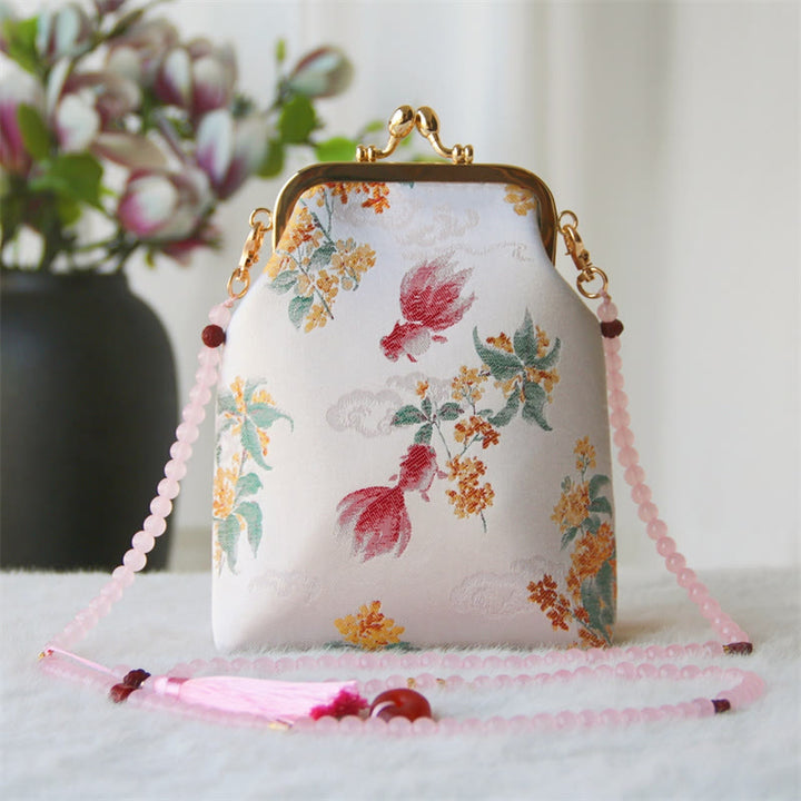 Bolso bandolera con cadena de perlas y bordado chino retro con Buddha Stones - Pez Koi Rojo Osmanthus 14*6*18cm - image 13