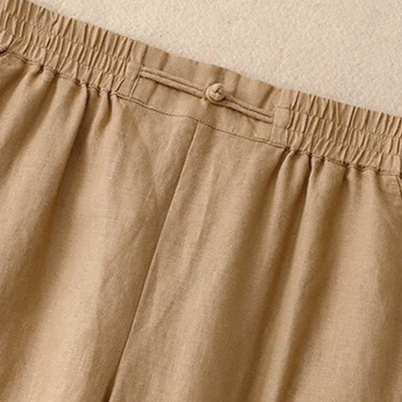 Pantalones anchos de algodón con botones de rana y cintura elástica de color liso para mujer de Buddha Stones Daily con bolsillos - image 5