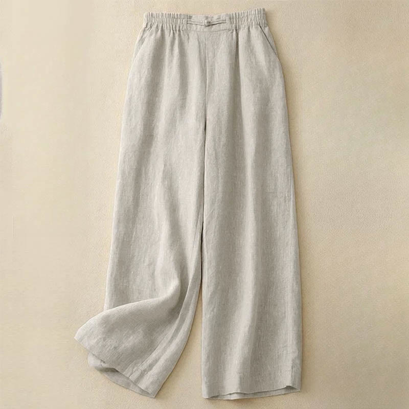Pantalones anchos de algodón con botones de rana y cintura elástica de color liso para mujer de Buddha Stones Daily con bolsillos - Beige - US12, UK/AU16, EU44 (3XL) - image 11