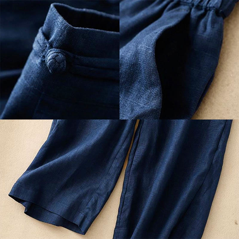 Pantalones anchos de algodón con botones de rana y cintura elástica de color liso para mujer de Buddha Stones Daily con bolsillos - image 9