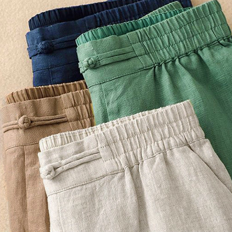 Pantalones anchos de algodón con botones de rana y cintura elástica de color liso para mujer de Buddha Stones Daily con bolsillos - image 18