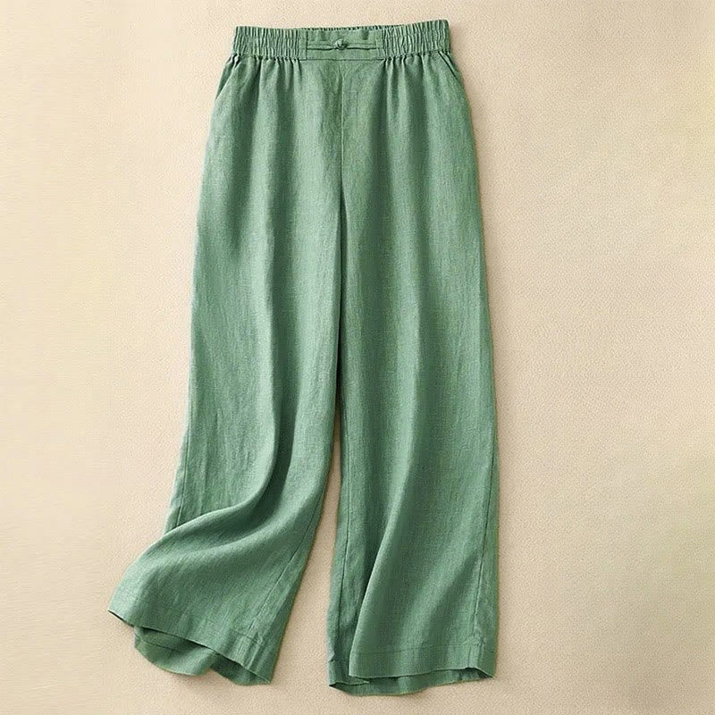 Pantalones anchos de algodón con botones de rana y cintura elástica de color liso para mujer de Buddha Stones Daily con bolsillos - Verde primavera mediano - US12, UK/AU16, EU44 (3XL) - image 0