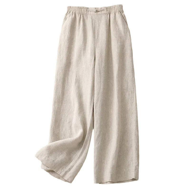 Pantalones anchos de algodón con botones de rana y cintura elástica de color liso para mujer de Buddha Stones Daily con bolsillos - image 16
