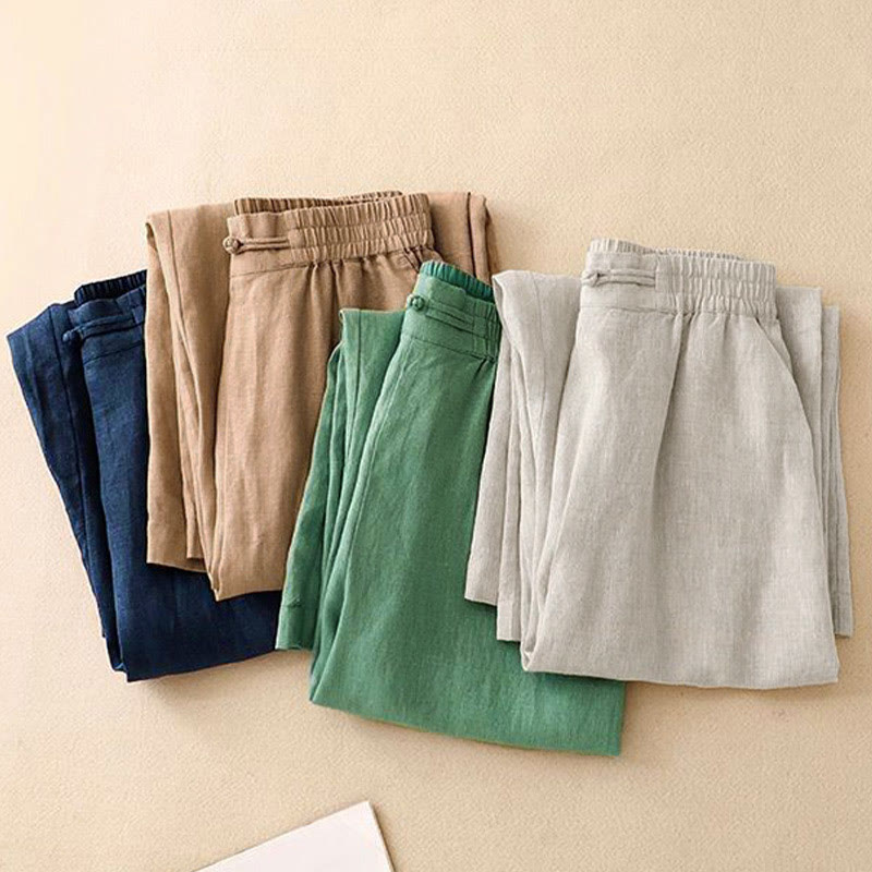Pantalones anchos de algodón con botones de rana y cintura elástica de color liso para mujer de Buddha Stones Daily con bolsillos - image 17