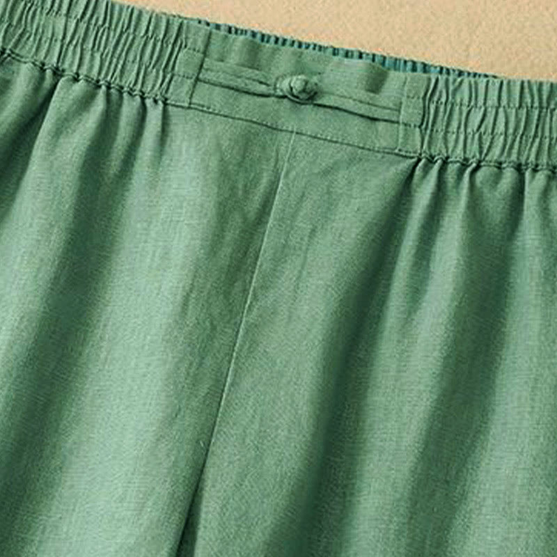 Pantalones anchos de algodón con botones de rana y cintura elástica de color liso para mujer de Buddha Stones Daily con bolsillos - image 1