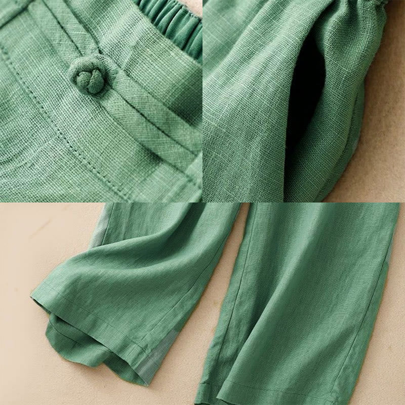 Pantalones anchos de algodón con botones de rana y cintura elástica de color liso para mujer de Buddha Stones Daily con bolsillos - image 2