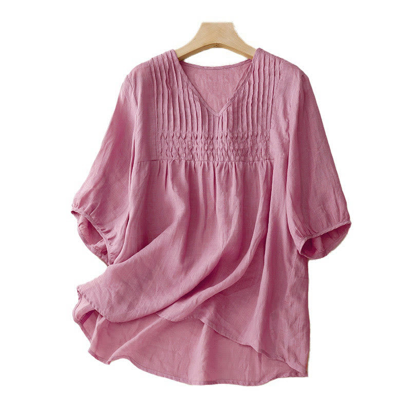 Camisa de algodón de media manga, informal, holgada, con cuello en V y diseño de Buddha Stones para mujer - image 20