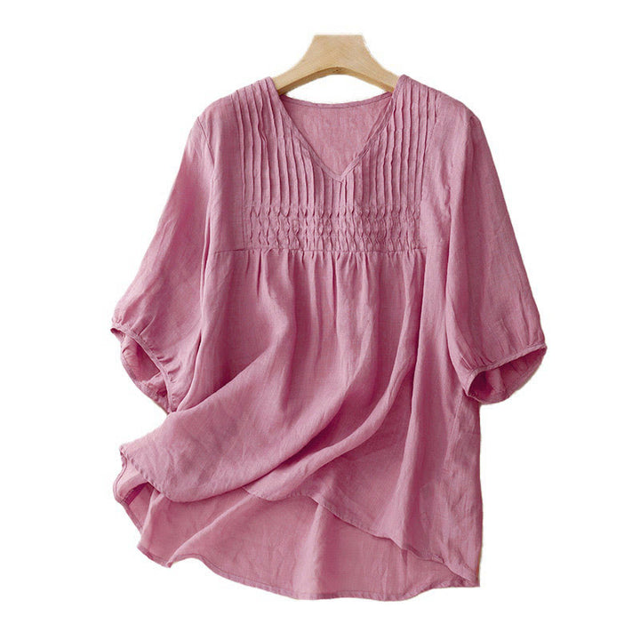 Camisa de algodón de media manga, informal, holgada, con cuello en V y diseño de Buddha Stones para mujer - image 20