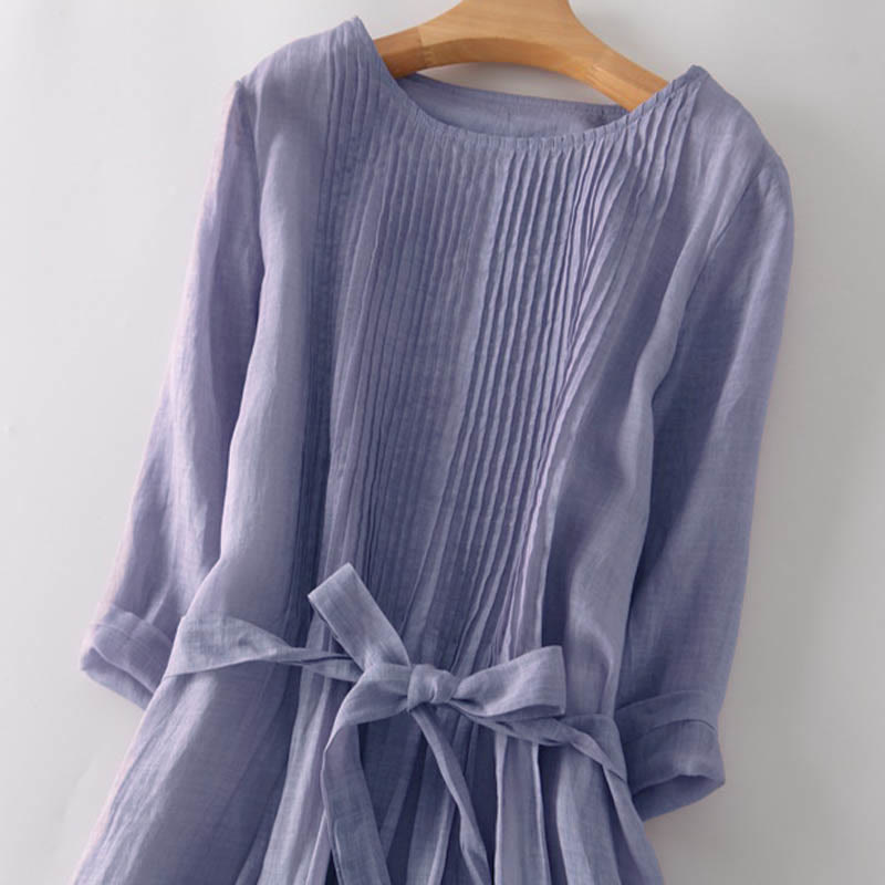 Vestido midi informal con cuello redondo, media manga y bolsillos, con cordones y estampado Buddha Stones - image 17