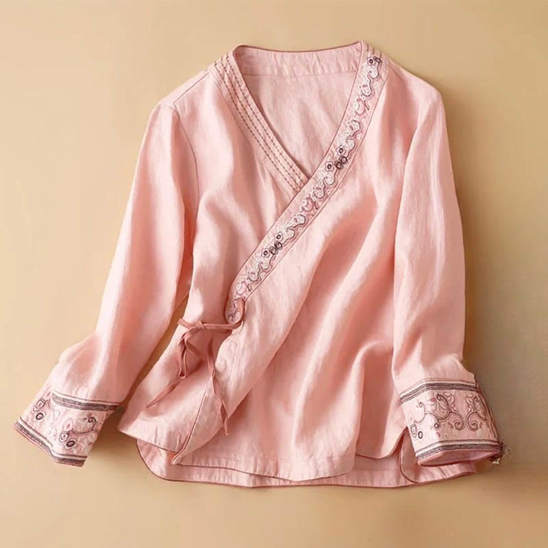 Camisa informal de algodón de manga larga con cuello inclinado y tirantes para mujer con flores bordadas de Buddha Stones - Rosa - US12, UK/AU16, EU44 (3XL) - image 4