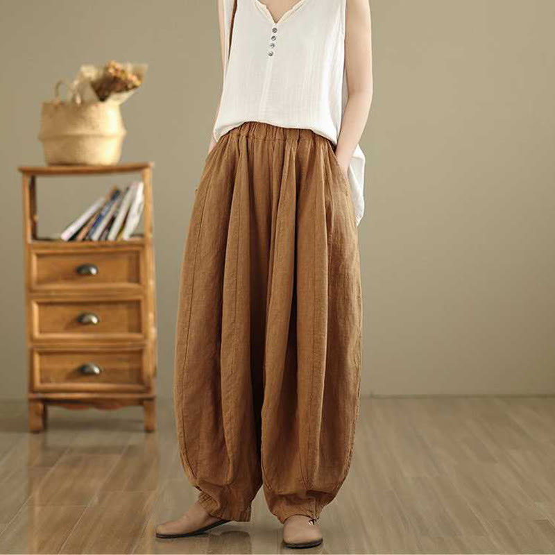Pantalones harén de lino y algodón para mujer, de diseño sencillo e informal, con bolsillos , de Buddha Stones Spring - image 5