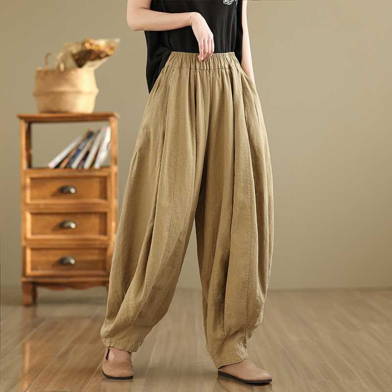 Pantalones harén de lino y algodón para mujer, de diseño sencillo e informal, con bolsillos , de Buddha Stones Spring - Vara de oro pálida - US8-10，UK/AU12-14，EU40-42 (2XL) - image 10
