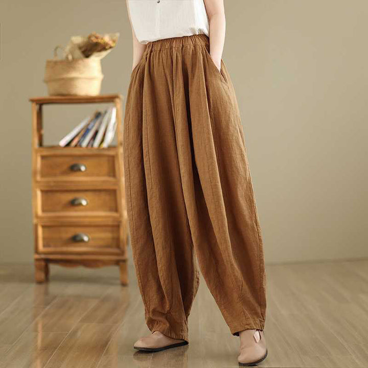 Pantalones harén de lino y algodón para mujer, de diseño sencillo e informal, con bolsillos , de Buddha Stones Spring - image 3