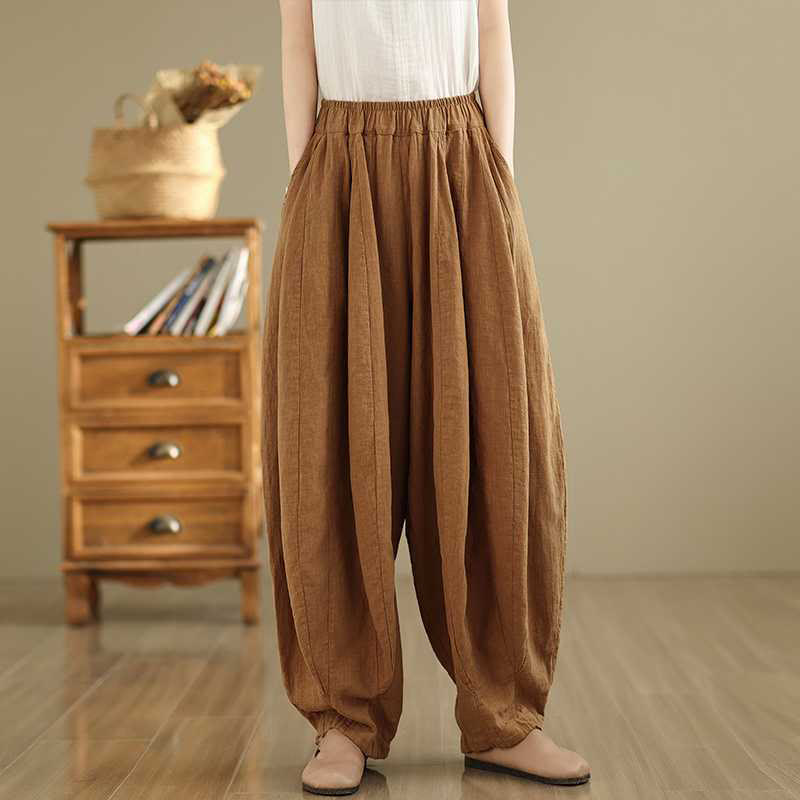 Pantalones harén de lino y algodón para mujer, de diseño sencillo e informal, con bolsillos , de Buddha Stones Spring - image 2