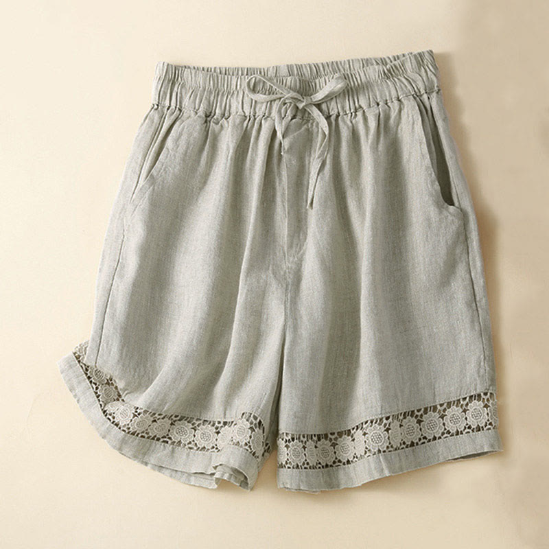 Pantalones cortos de algodón con cordones y bolsillos para mujer, diseño de encaje hueco y parte inferior de color liso con Buddha Stones - Beige - US12, UK/AU16, EU44 (3XL) - image 0