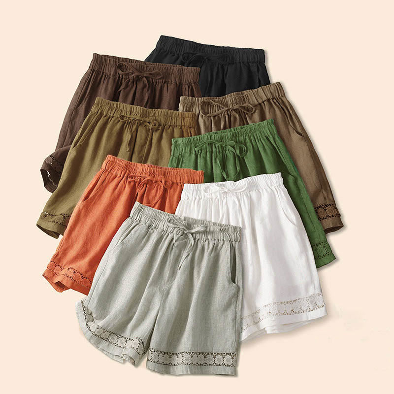 Pantalones cortos de algodón con cordones y bolsillos para mujer, diseño de encaje hueco y parte inferior de color liso con Buddha Stones - image 1