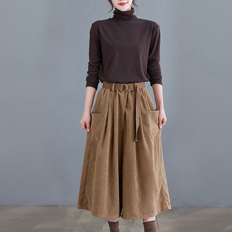 Pantalones de pana retro Buddha Stones para mujer, de pierna ancha, largos 7-8, con bolsillos y cinturón - image 4