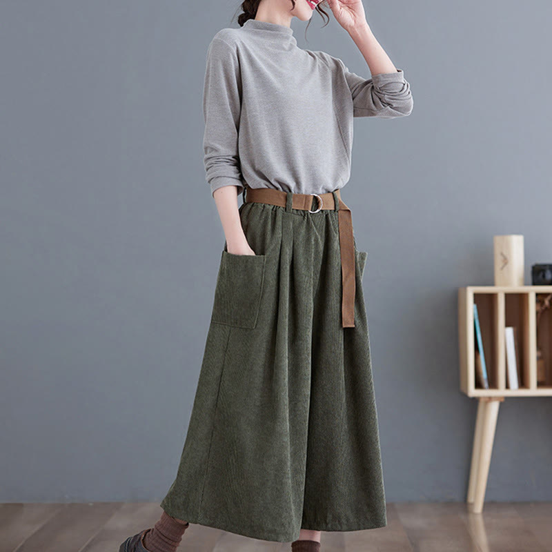 Pantalones de pana retro Buddha Stones para mujer, de pierna ancha, largos 7-8, con bolsillos y cinturón - image 14