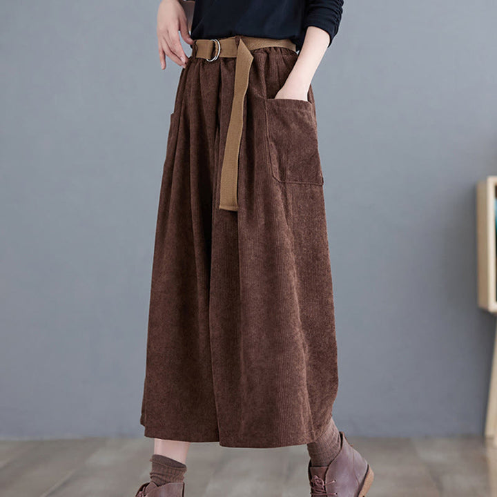 Pantalones de pana retro Buddha Stones para mujer, de pierna ancha, largos 7-8, con bolsillos y cinturón - image 17