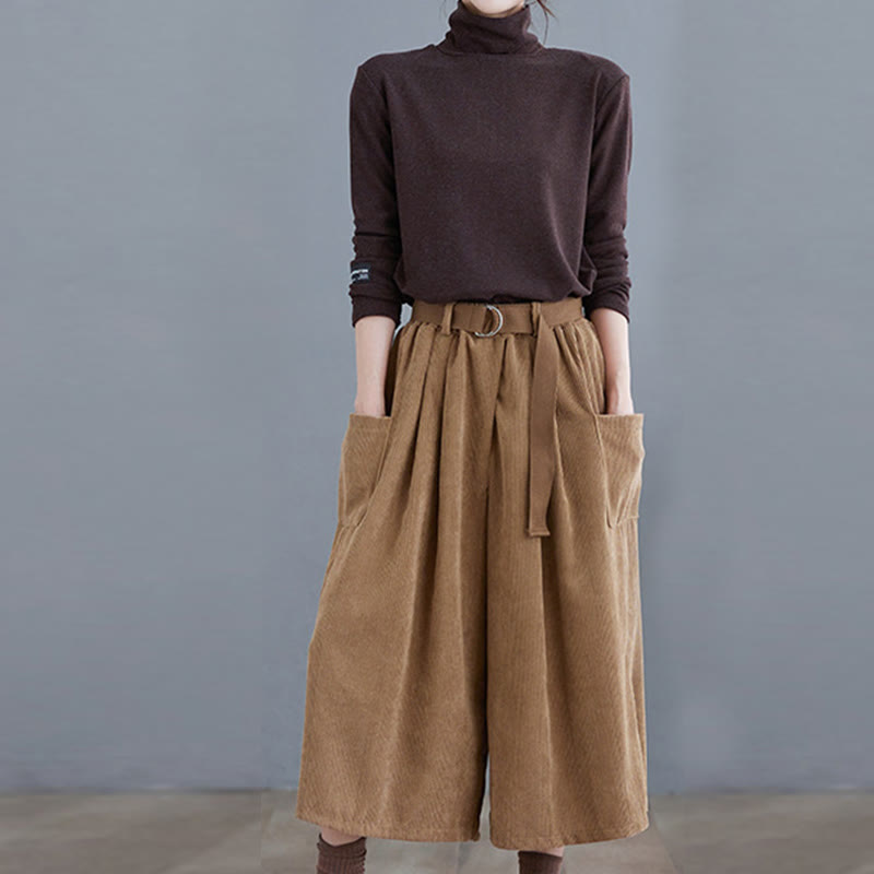 Pantalones de pana retro Buddha Stones para mujer, de pierna ancha, largos 7-8, con bolsillos y cinturón - image 5