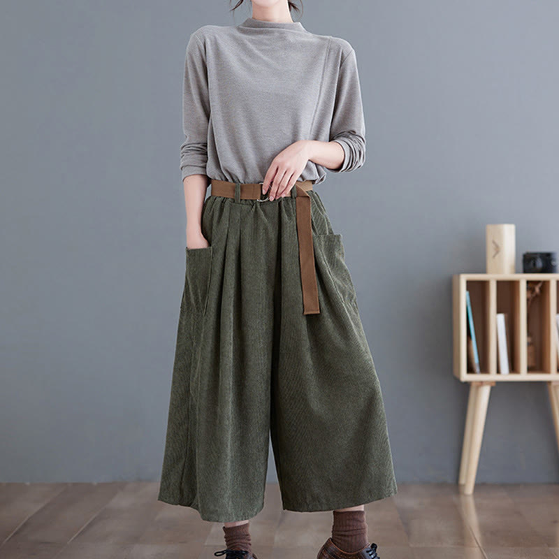 Pantalones de pana retro Buddha Stones para mujer, de pierna ancha, largos 7-8, con bolsillos y cinturón - image 13