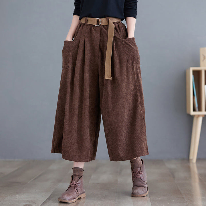 Pantalones de pana de algodón retro Buddha Stones para mujer, de pierna ancha, de largo 7-8, con bolsillos y cinturón - SaddleBrown - US12, UK/AU16, EU44 (2XL) - image 17