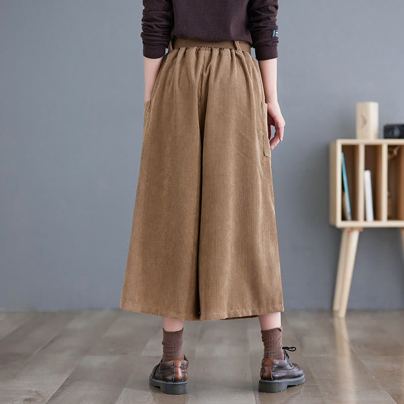 Pantalones de pana de algodón retro Buddha Stones para mujer, de pierna ancha, de largo 7-8, con bolsillos y cinturón - image 3