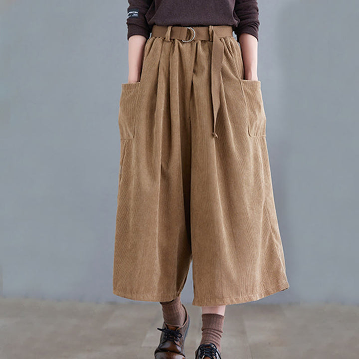 Pantalones de pana retro Buddha Stones para mujer, de pierna ancha, largos 7-8, con bolsillos y cinturón - image 1