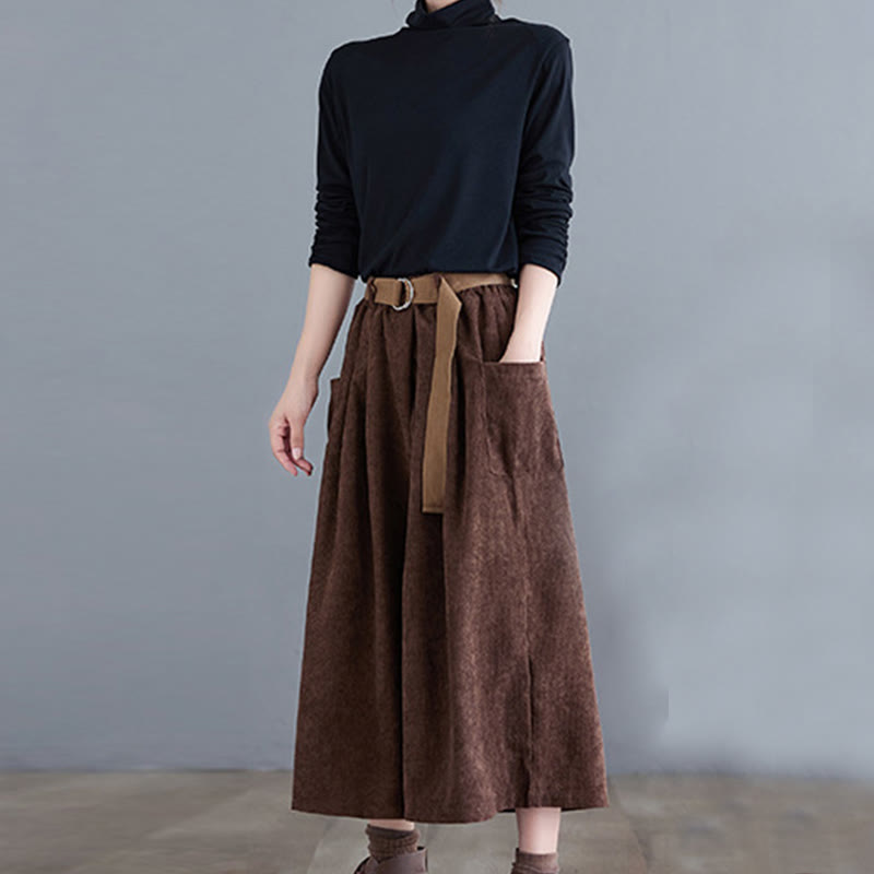 Pantalones de pana retro Buddha Stones para mujer, de pierna ancha, largos 7-8, con bolsillos y cinturón - image 19