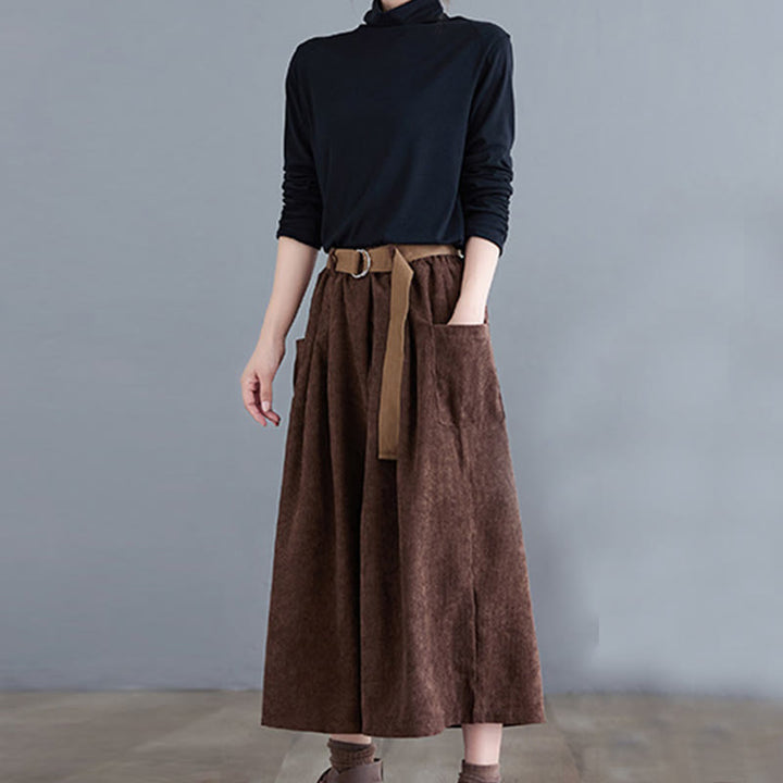 Pantalones de pana retro Buddha Stones para mujer, de pierna ancha, largos 7-8, con bolsillos y cinturón - image 19