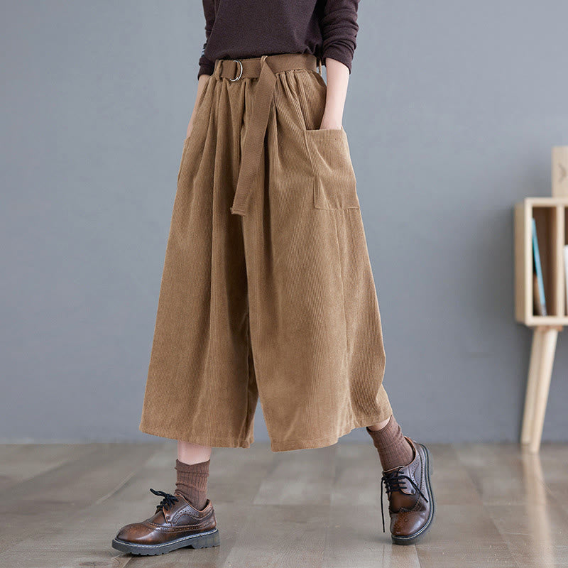 Pantalones de pana retro Buddha Stones para mujer, de pierna ancha, largos 7-8, con bolsillos y cinturón - vara de oro - US8-10，UK/AU12-14，EU40-42 (2XL) - image 0