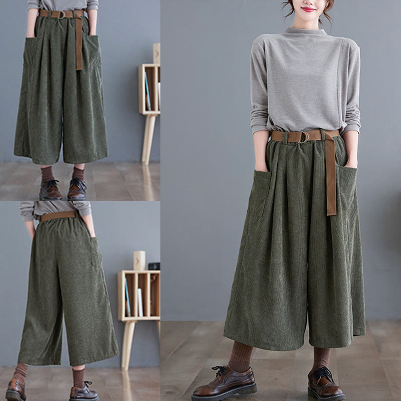 Pantalones de pana de algodón retro Buddha Stones para mujer, de pierna ancha, de largo 7-8, con bolsillos y cinturón - image 16