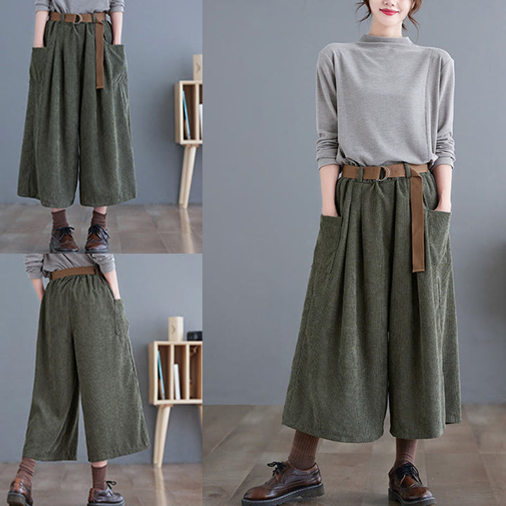 Pantalones de pana de algodón retro Buddha Stones para mujer, de pierna ancha, de largo 7-8, con bolsillos y cinturón - image 16
