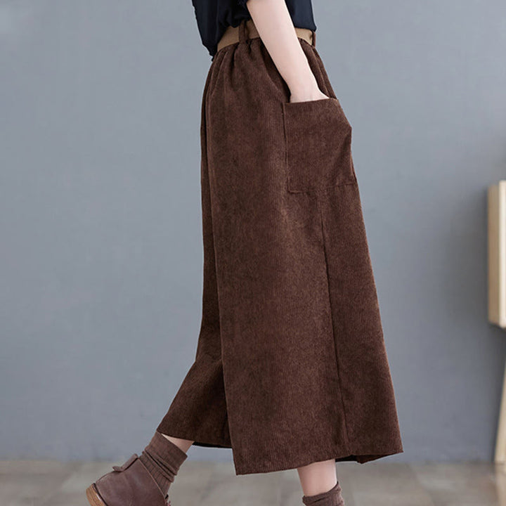 Pantalones de pana de algodón retro Buddha Stones para mujer, de pierna ancha, de largo 7-8, con bolsillos y cinturón - image 19