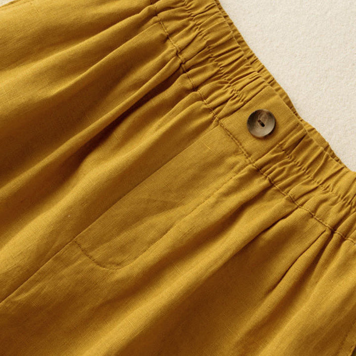 Pantalones cortos de mujer de algodón y lino lisos con botones y bolsillos, estampado Buddha Stones, estilo casual de verano. - image 3