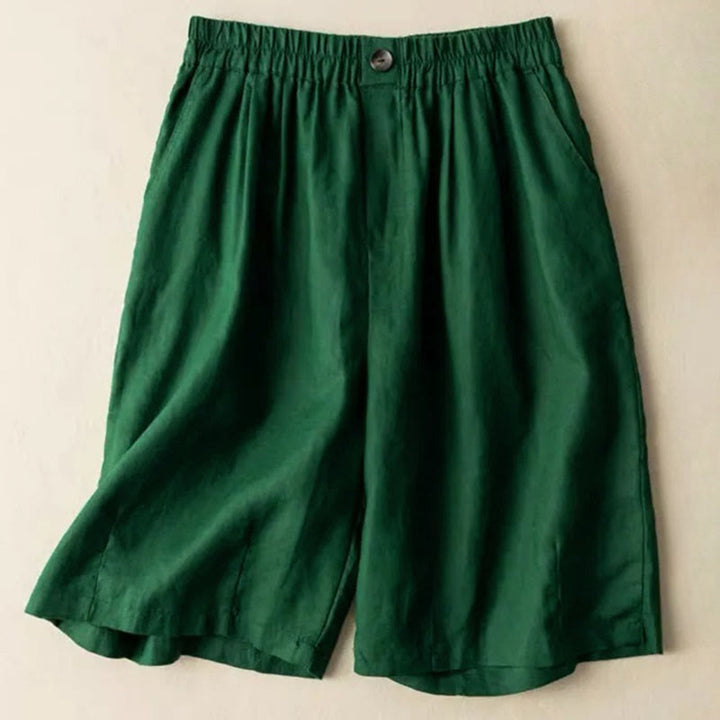 Pantalones cortos de mujer de algodón y lino lisos con botones y bolsillos, estampado Buddha Stones, estilo casual de verano. - Verde - US8-10, UK/AU12-14, EU40-42 (3XL) - image 4